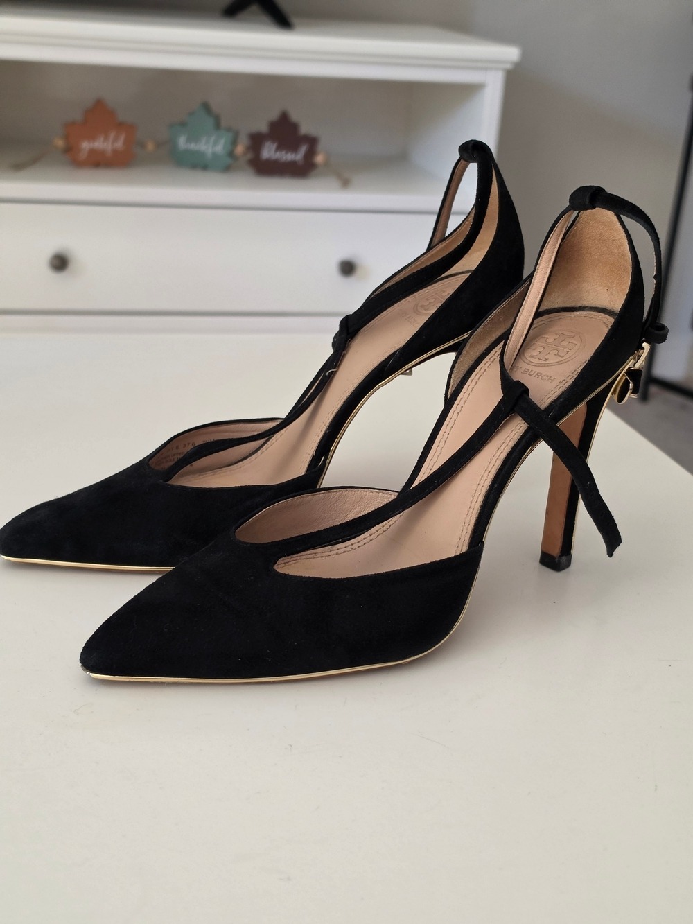 Tory Burch Belleville Black Suede Pointed Toe Ankle Tie Heels with Gold Trim - Picture 3 of 9